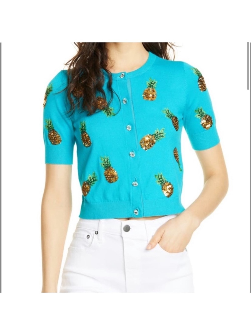 Alice + Olivia Turquoise Pineapple Cardigan worn in Mean Girls Broadway Play